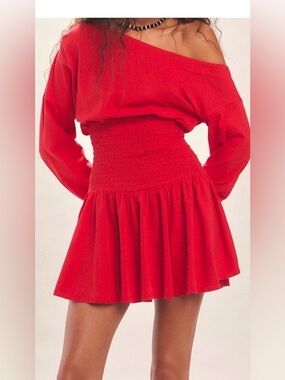 Free People scortching hot Red Off-Shoulder Smocked Waist Mini Dress